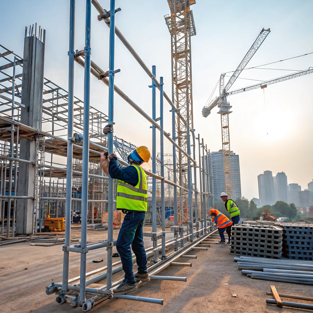 Aluminium vs Steel Scaffolding comparison at a construction site in Pune – lightweight mobility vs heavy-duty strength.