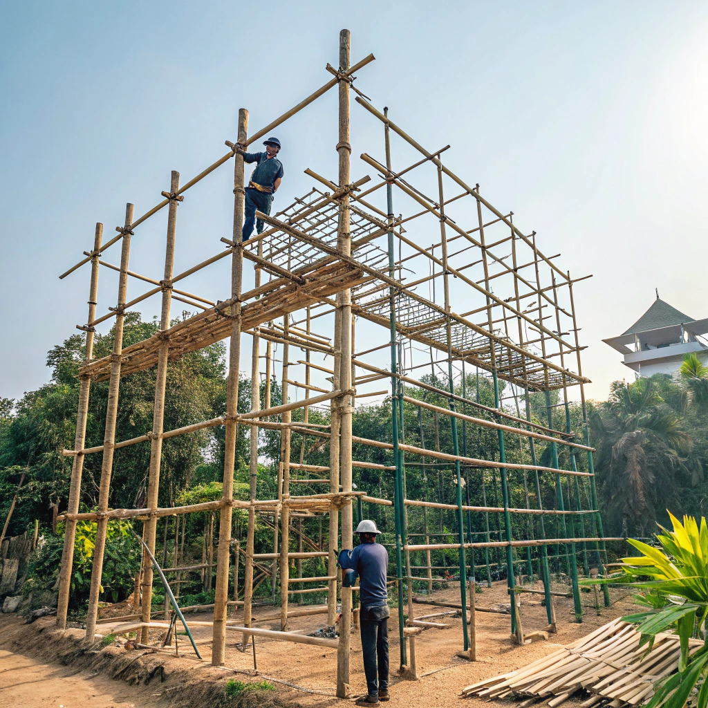 Eco-Friendly Scaffolding in India made from bamboo, aluminium, and recycled steel at a sustainable construction site.